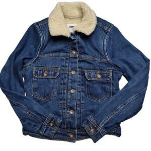 Old Navy Women Size XS Sherpa Faux Fur Lined Blue Denim Trucker Jacket
